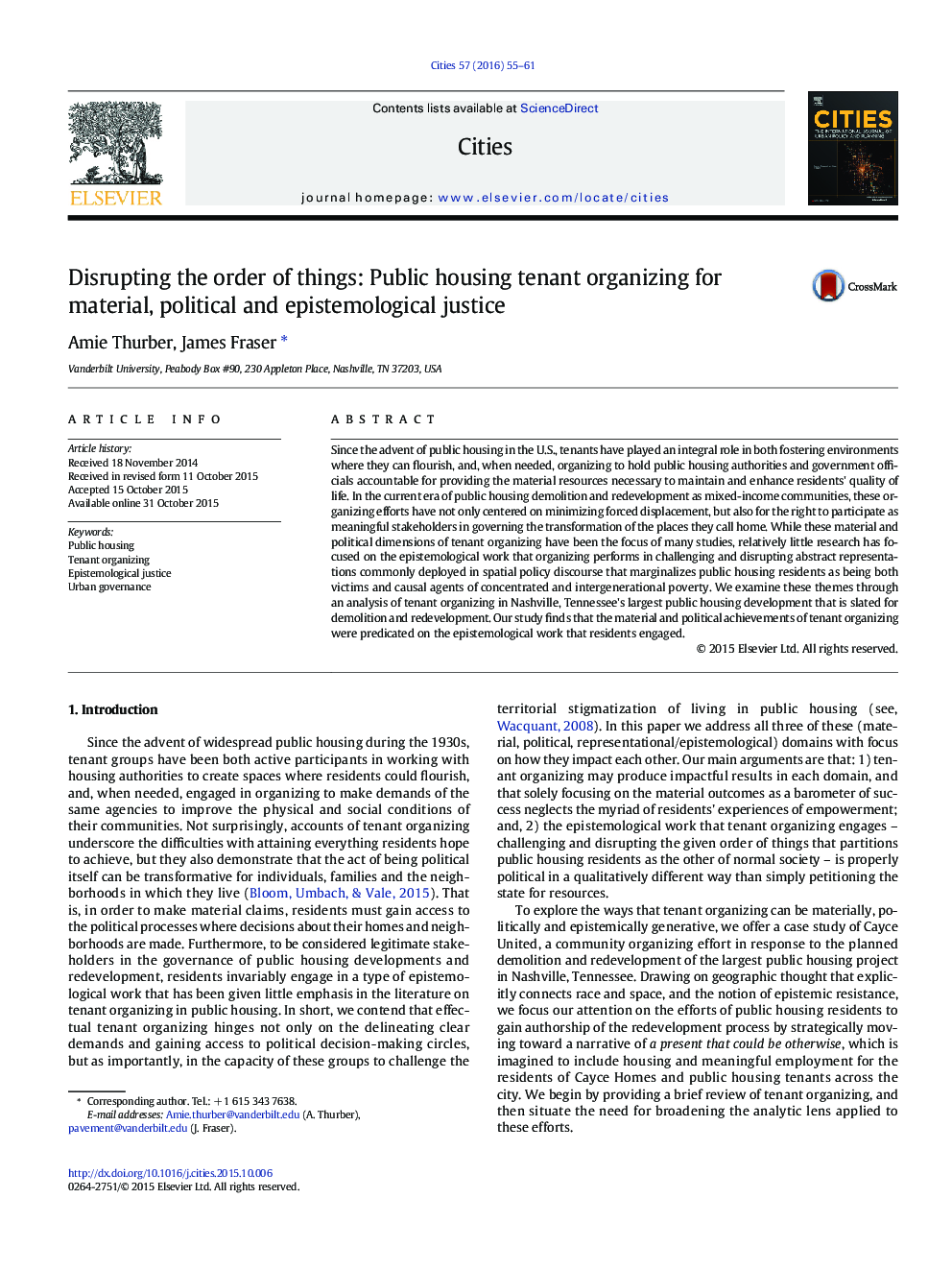 Disrupting the order of things: Public housing tenant organizing for material, political and epistemological justice