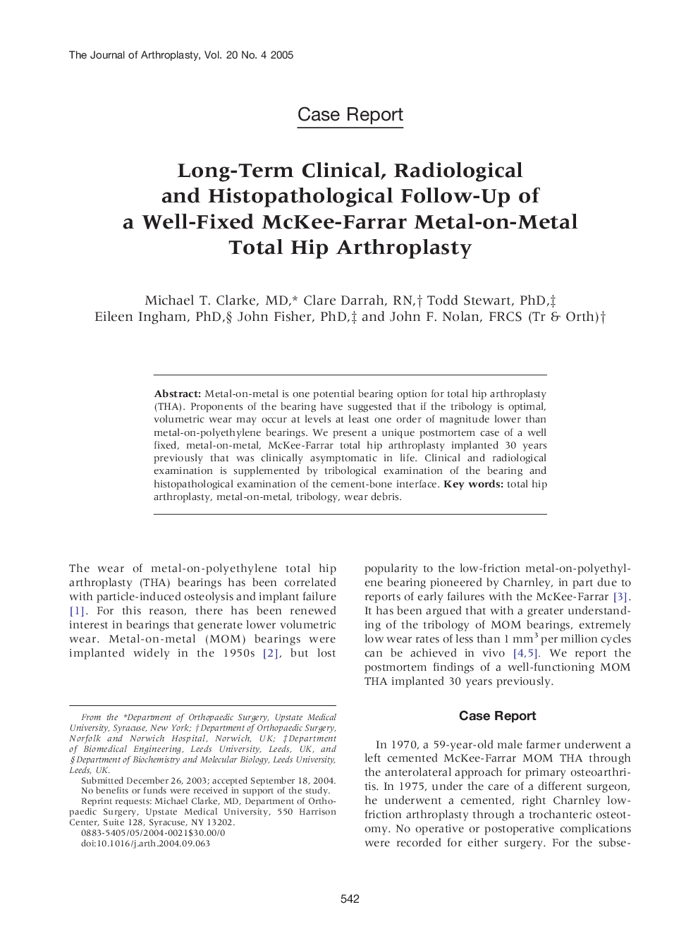 Long-Term Clinical, Radiological and Histopathological Follow-Up of a Well-Fixed McKee-Farrar Metal-on-Metal Total Hip Arthroplasty