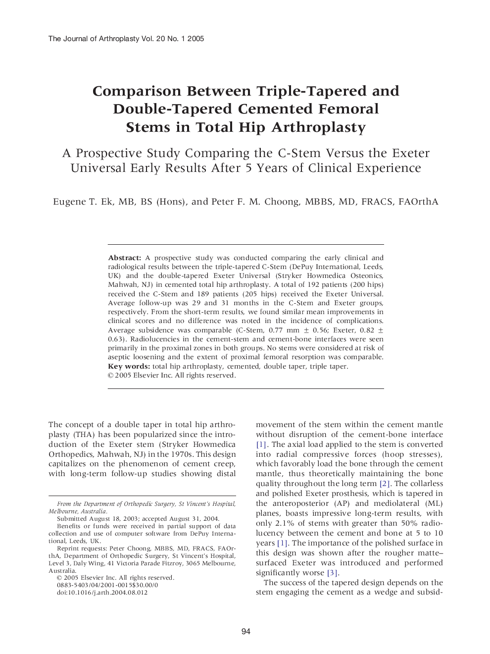 Comparison Between Triple-Tapered and Double-Tapered Cemented Femoral Stems in Total Hip Arthroplasty