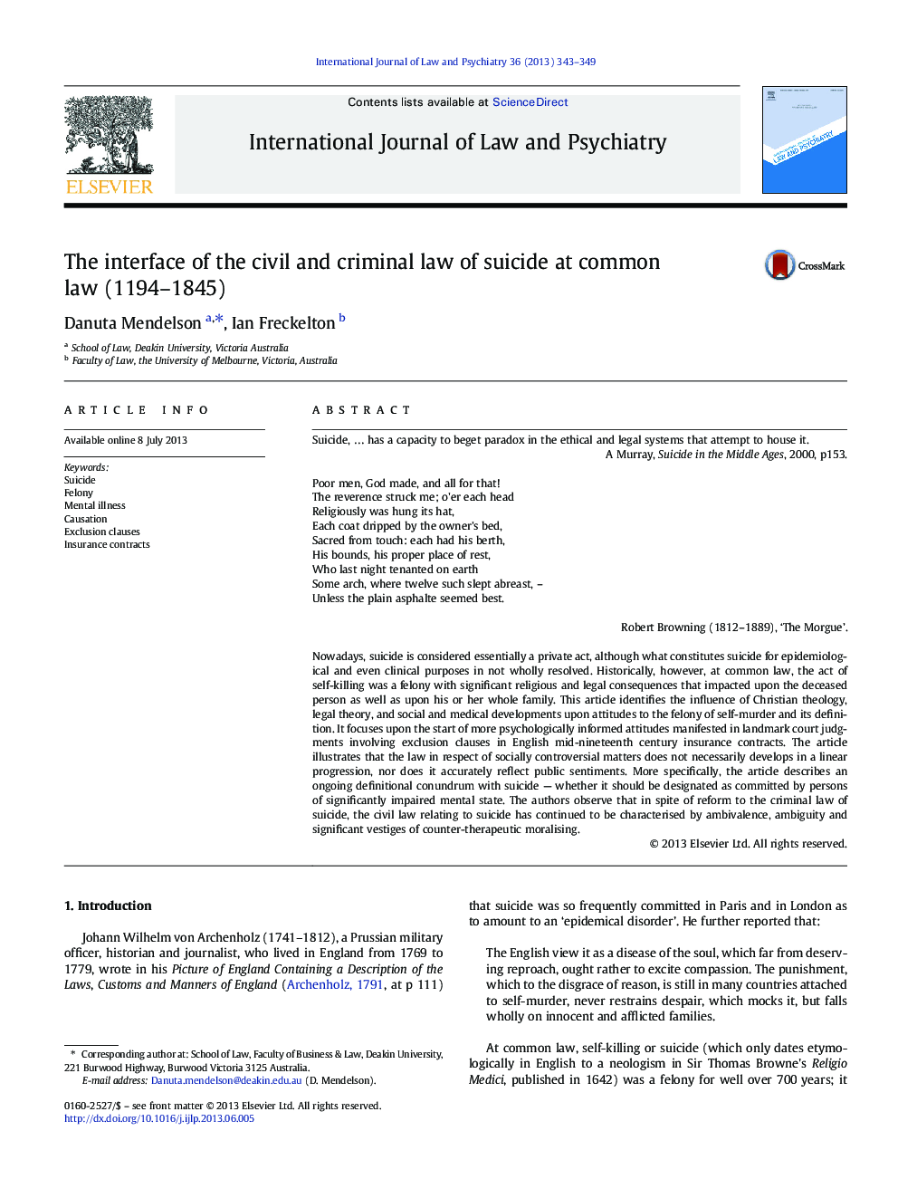 The interface of the civil and criminal law of suicide at common law (1194–1845)