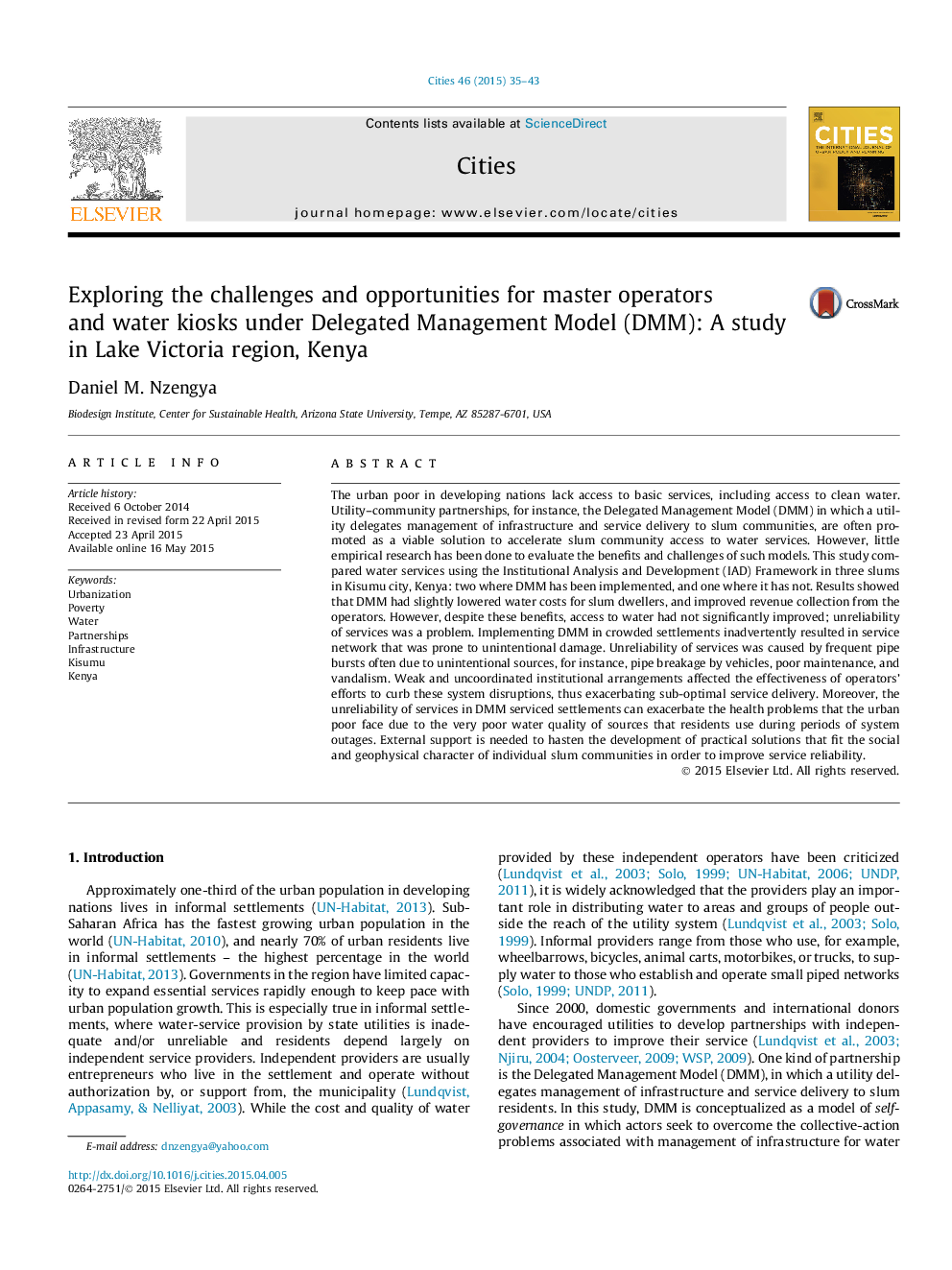 Exploring the challenges and opportunities for master operators and water kiosks under Delegated Management Model (DMM): A study in Lake Victoria region, Kenya