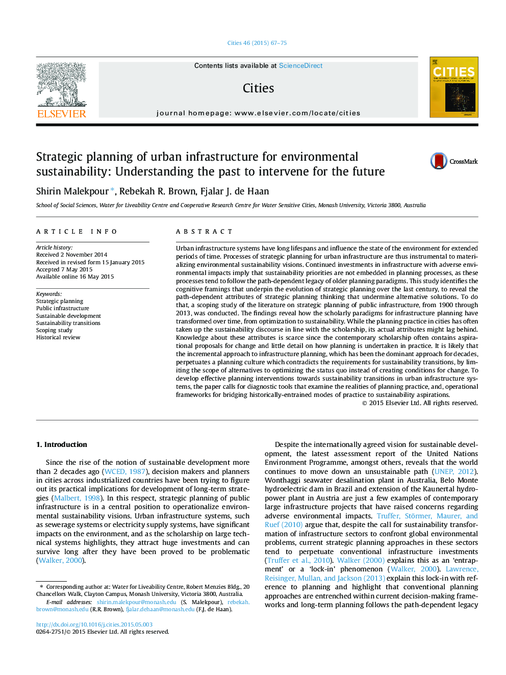 Strategic planning of urban infrastructure for environmental sustainability: Understanding the past to intervene for the future