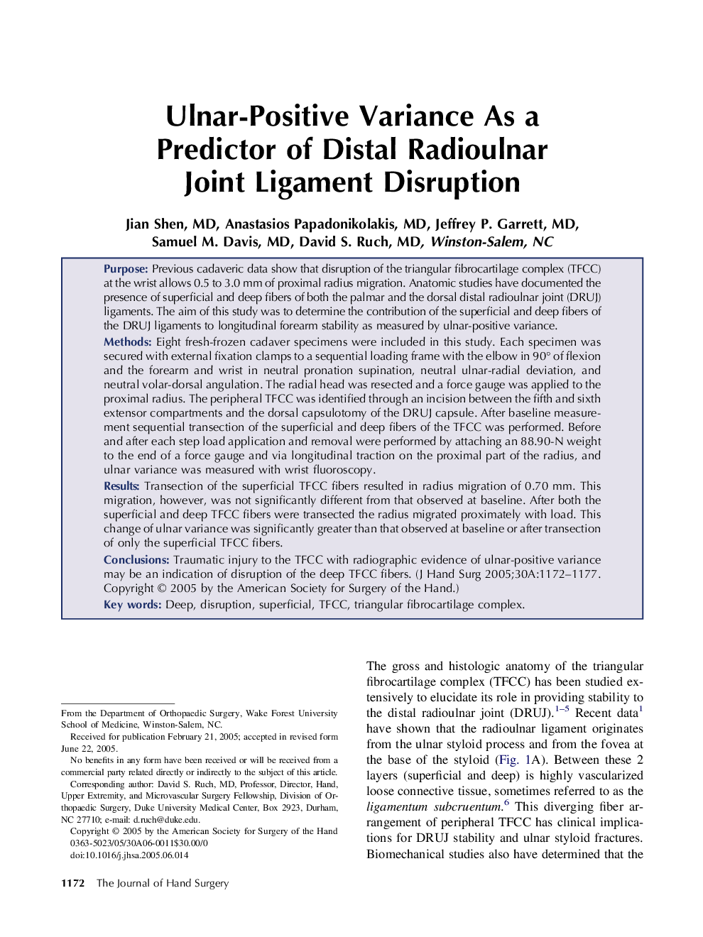 Ulnar-Positive Variance As a Predictor of Distal Radioulnar Joint Ligament Disruption