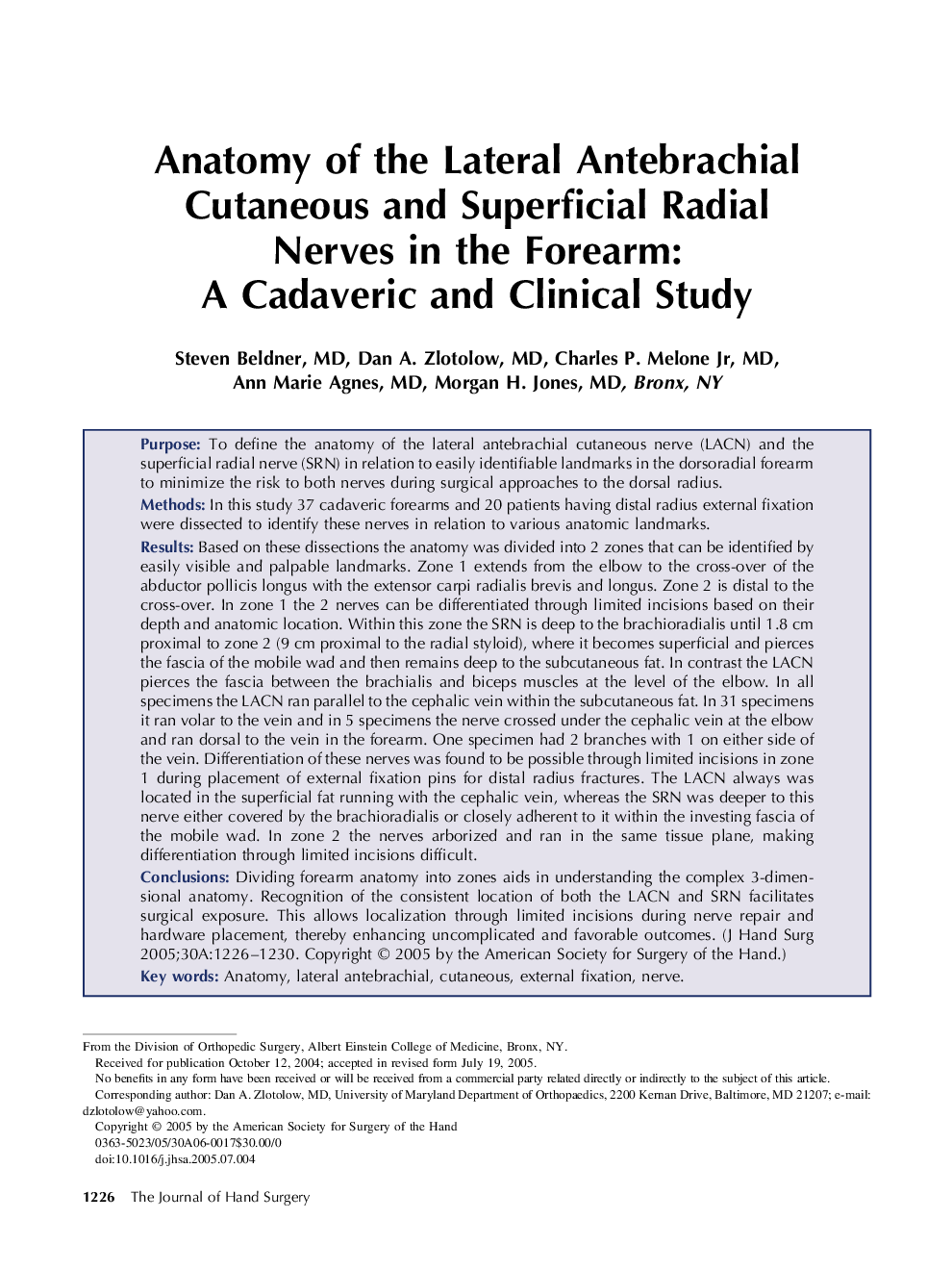 Anatomy of the Lateral Antebrachial Cutaneous and Superficial Radial Nerves in the Forearm: A Cadaveric and Clinical Study