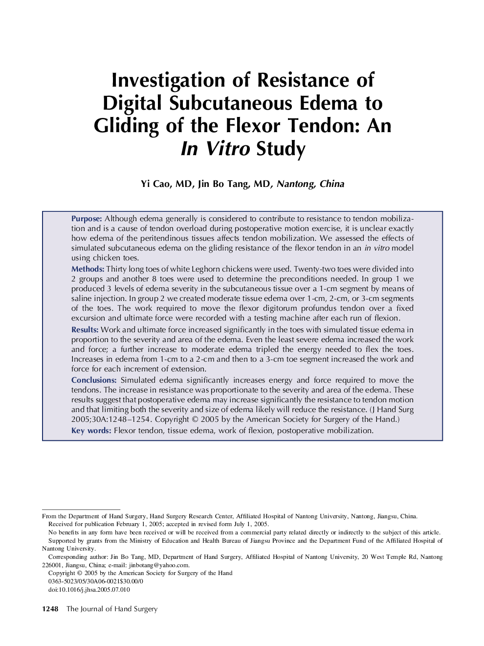 Investigation of Resistance of Digital Subcutaneous Edema to Gliding of the Flexor Tendon: An In Vitro Study