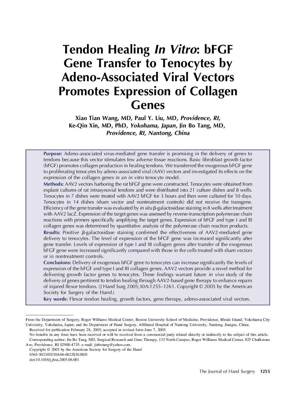 Tendon Healing In Vitro: bFGF Gene Transfer to Tenocytes by Adeno-Associated Viral Vectors Promotes Expression of Collagen Genes