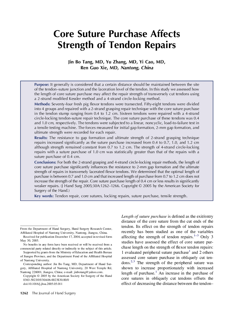 Core Suture Purchase Affects Strength of Tendon Repairs