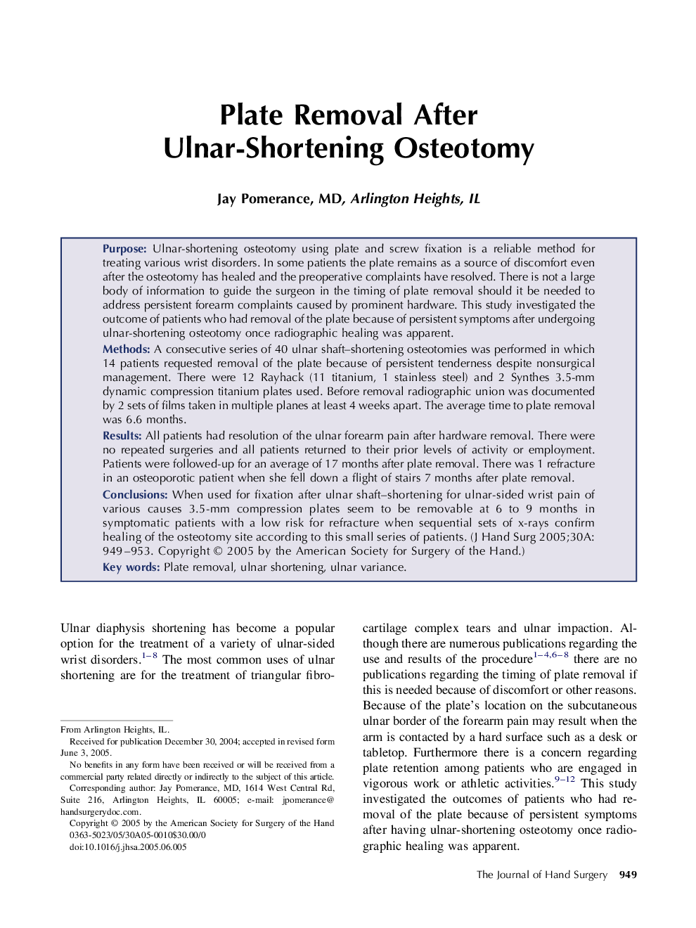 Plate Removal After Ulnar-Shortening Osteotomy