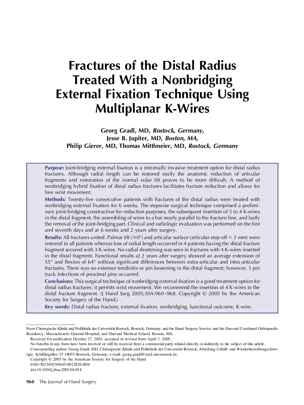 Fractures of the Distal Radius Treated With a Nonbridging External Fixation Technique Using Multiplanar K-Wires