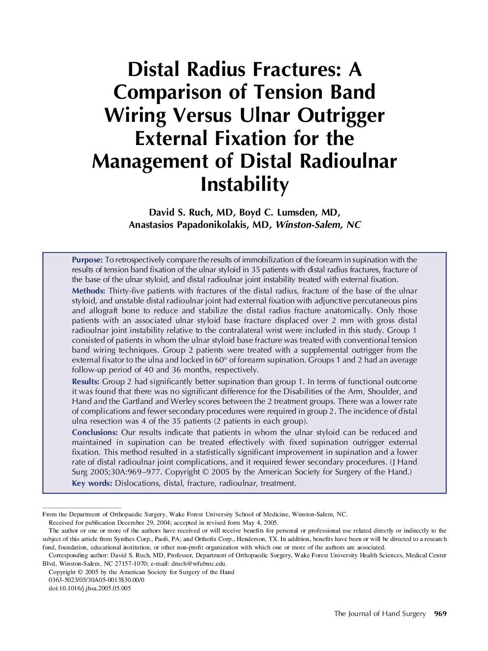 Distal Radius Fractures: A Comparison of Tension Band Wiring Versus Ulnar Outrigger External Fixation for the Management of Distal Radioulnar Instability