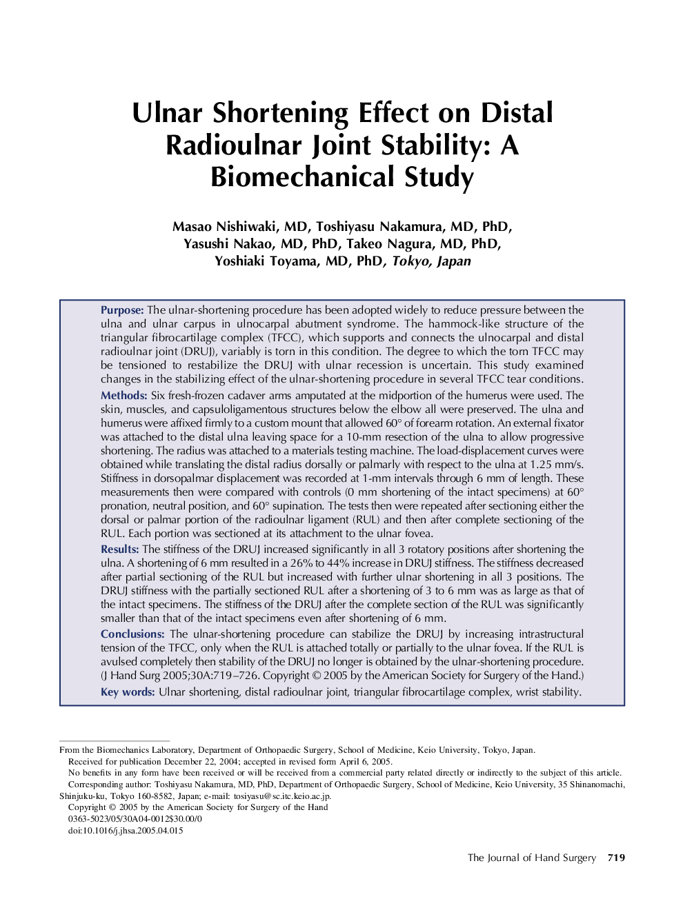 Ulnar Shortening Effect on Distal Radioulnar Joint Stability: A Biomechanical Study