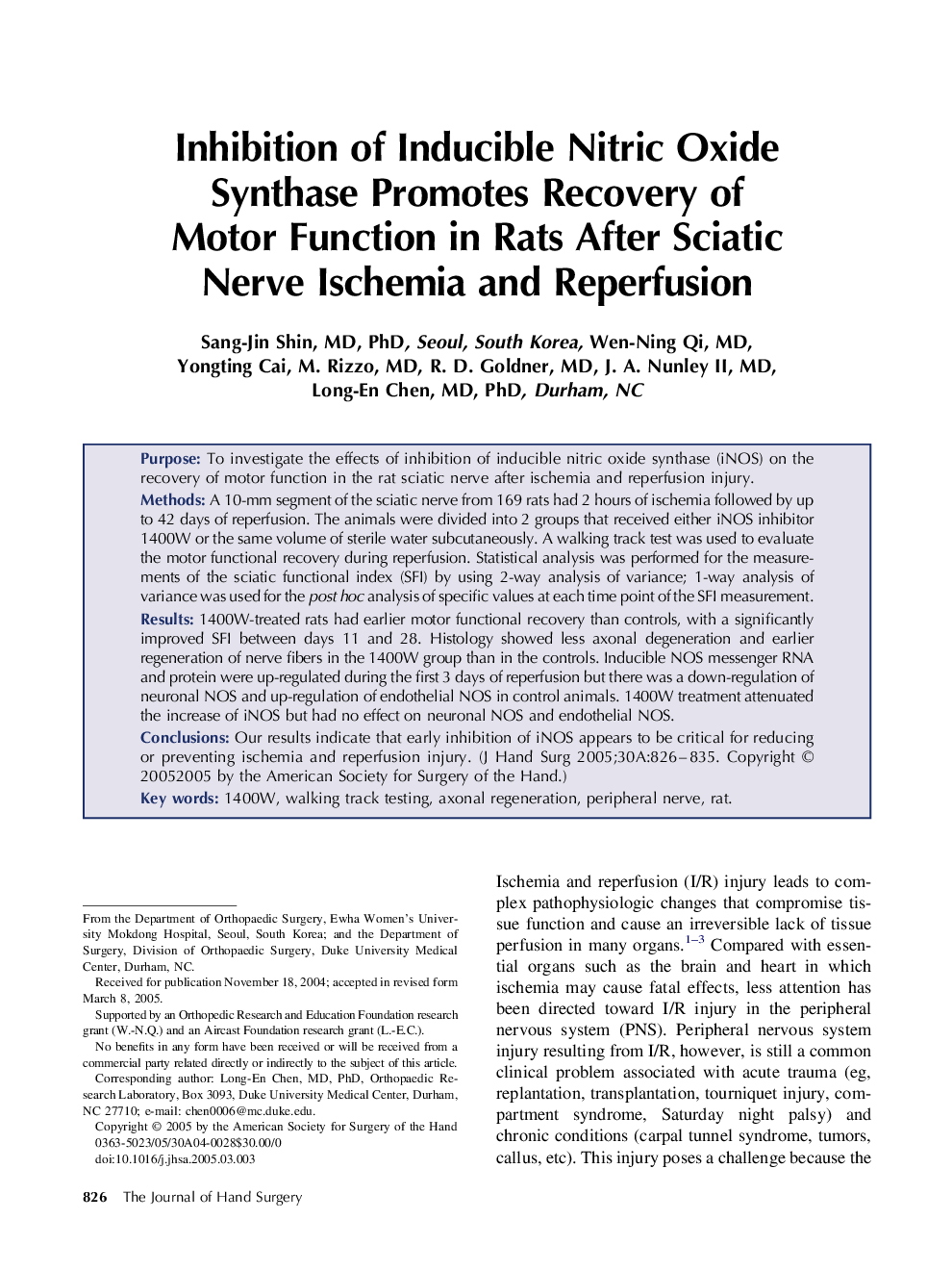 Inhibition of Inducible Nitric Oxide Synthase Promotes Recovery of Motor Function in Rats After Sciatic Nerve Ischemia and Reperfusion