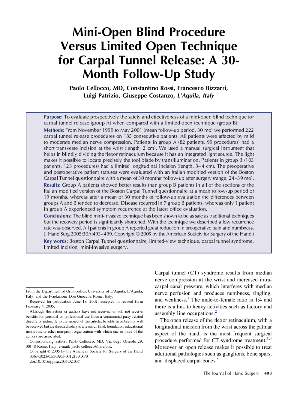 Mini-Open Blind Procedure Versus Limited Open Technique for Carpal Tunnel Release: A 30-Month Follow-Up Study