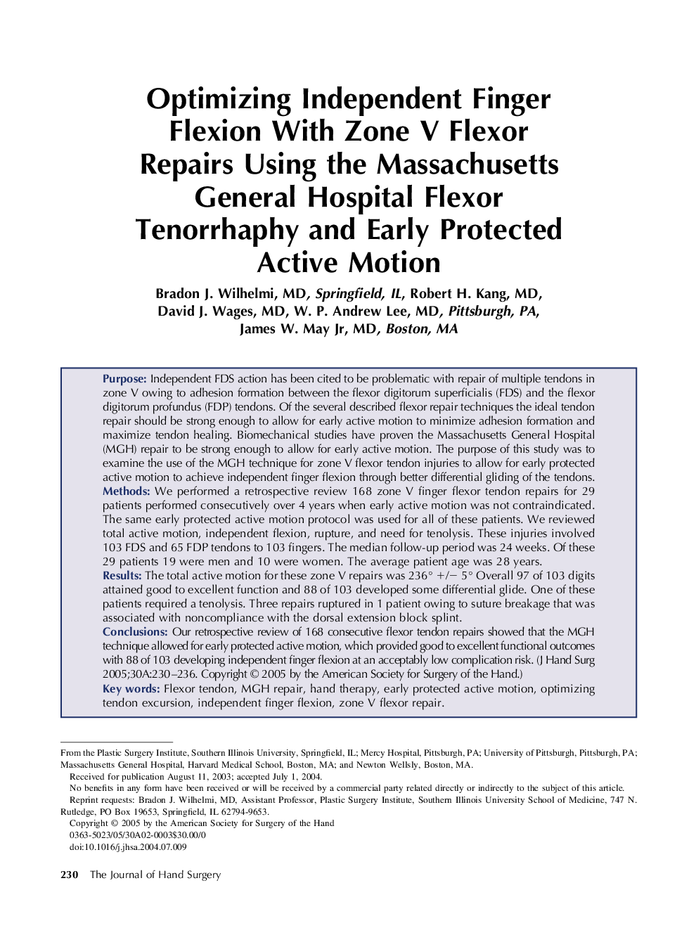 Optimizing independent finger flexion with zone V flexor repairs using the Massachusetts General Hospital flexor tenorrhaphy and early protected active motion