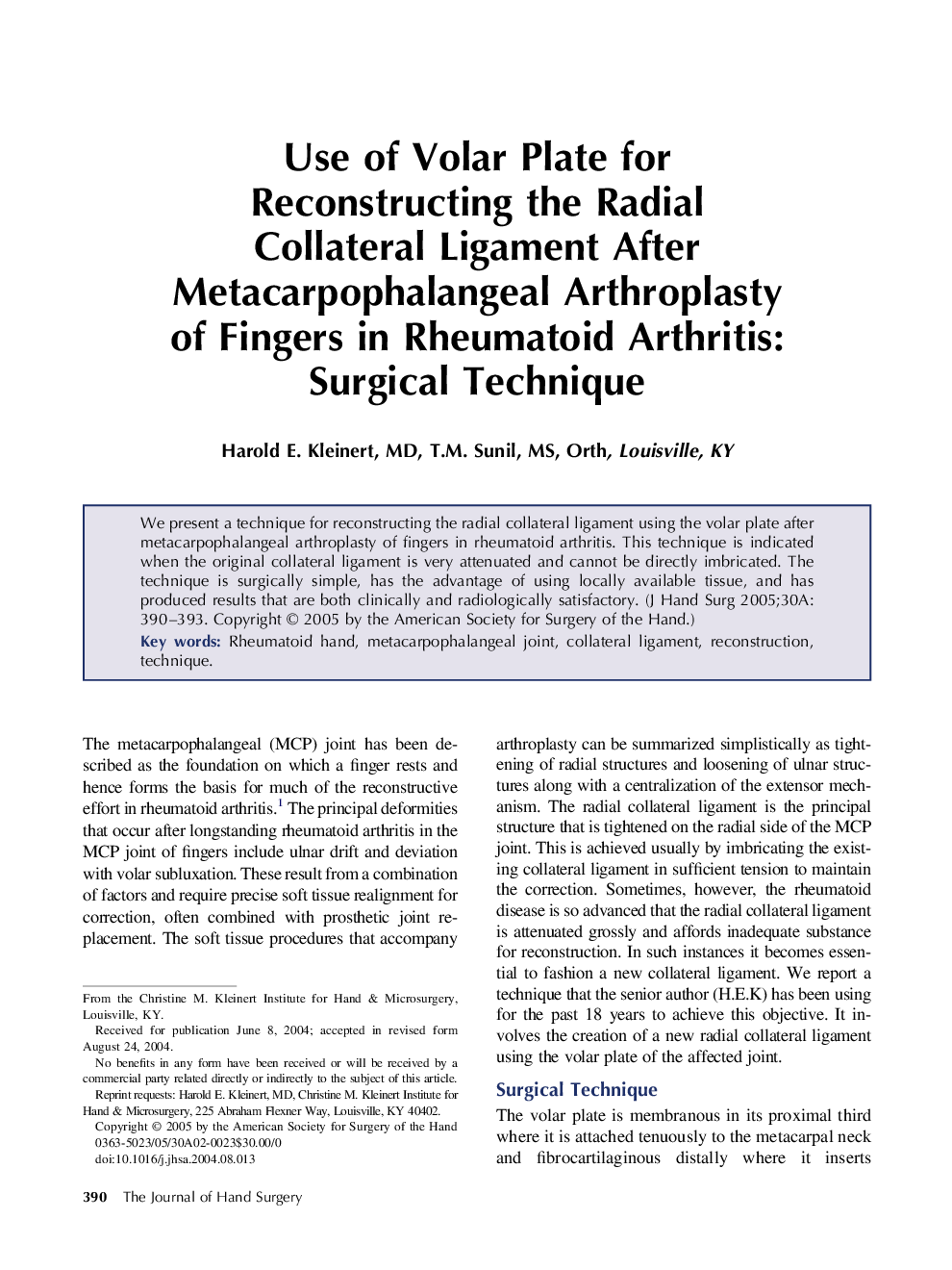 Use of volar plate for reconstructing the radial collateral ligament after metacarpophalangeal arthroplasty of fingers in rheumatoid arthritis: Surgical technique