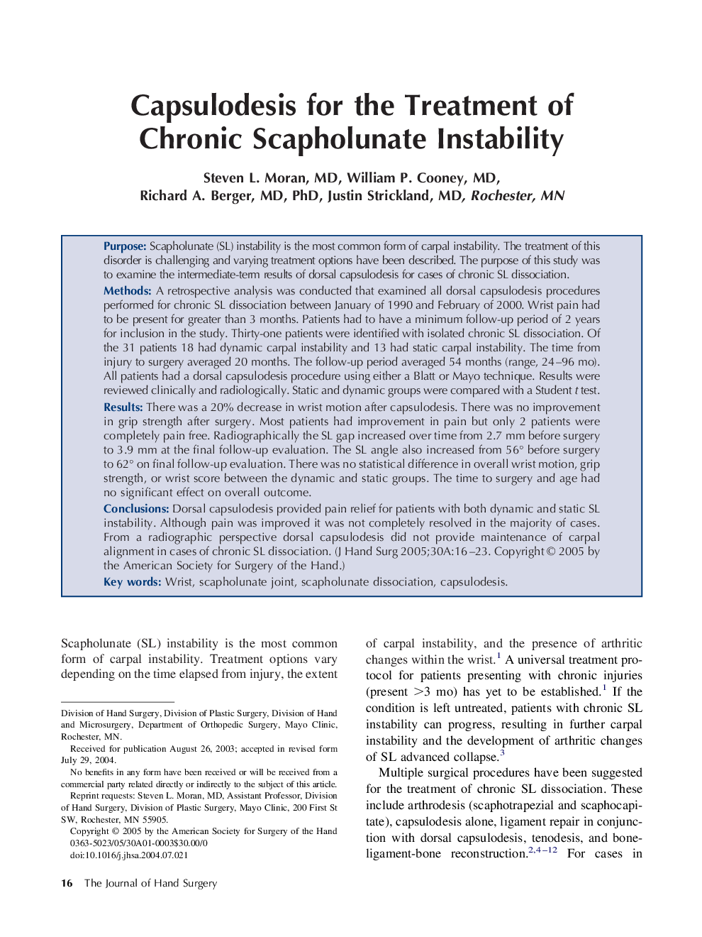 Capsulodesis for the treatment of chronic scapholunate instability