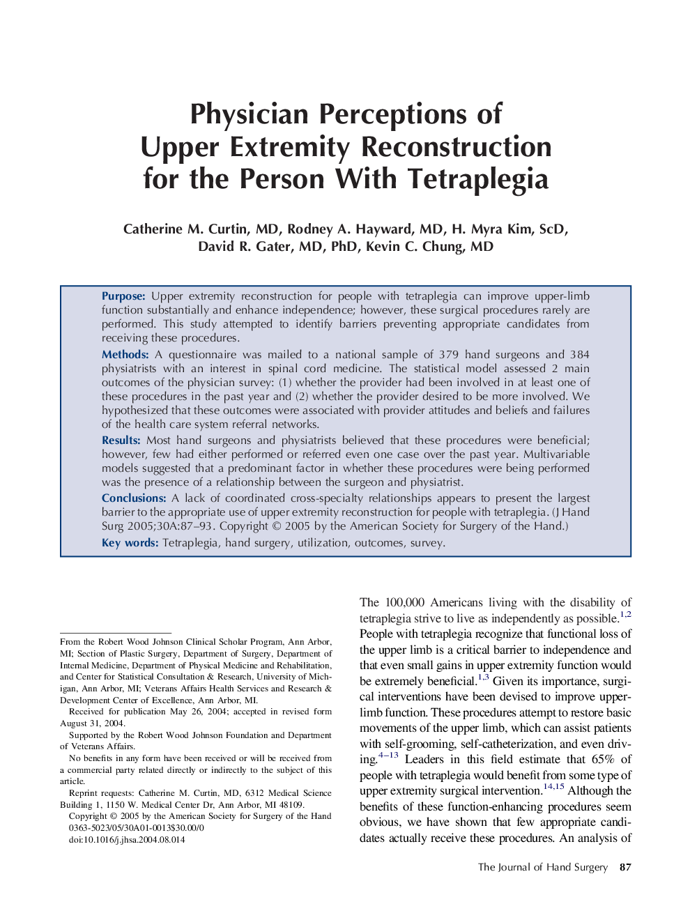 Physician perceptions of upper extremity reconstruction for the person with tetraplegia