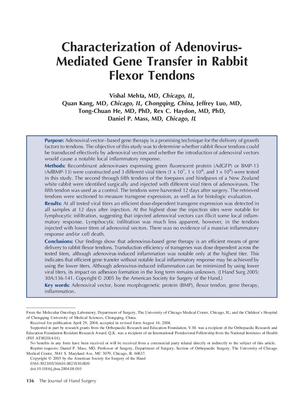 Characterization of adenovirus-mediated gene transfer in rabbit flexor tendons