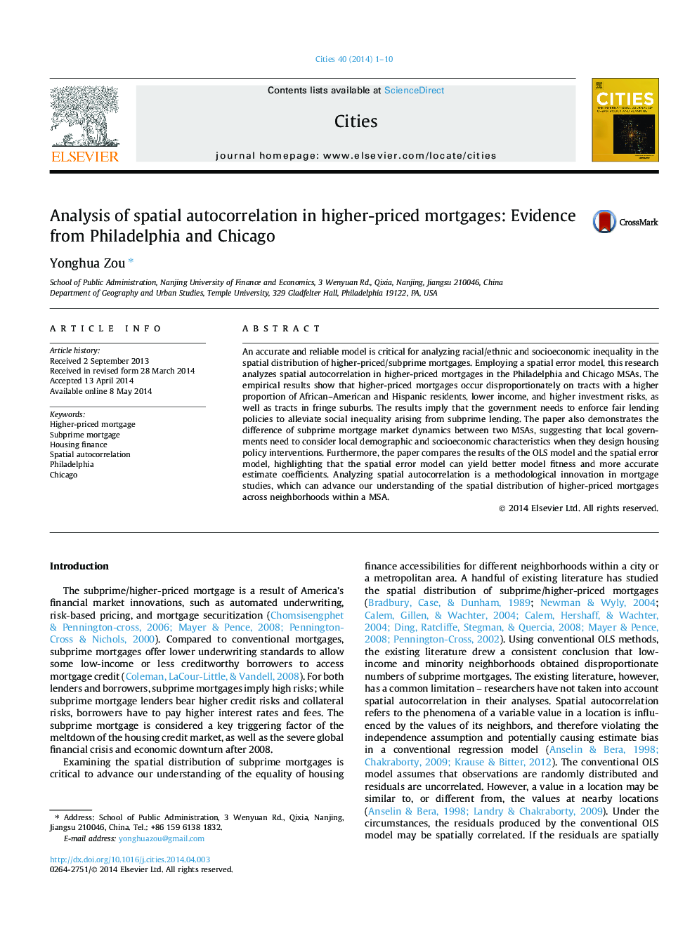 Analysis of spatial autocorrelation in higher-priced mortgages: Evidence from Philadelphia and Chicago