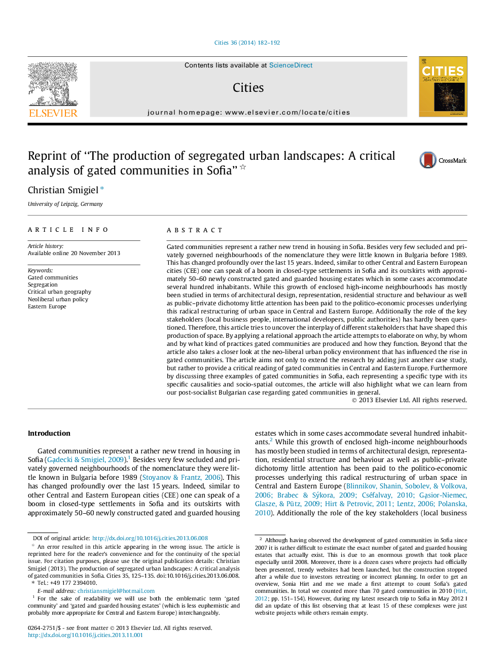 عکس صفحه اول مقاله: Reprint of “The production of segregated urban landscapes: A critical analysis of gated communities in Sofia” Reprint of “The production of segregated urban landscapes: A critical analysis of gated communities in Sofia”