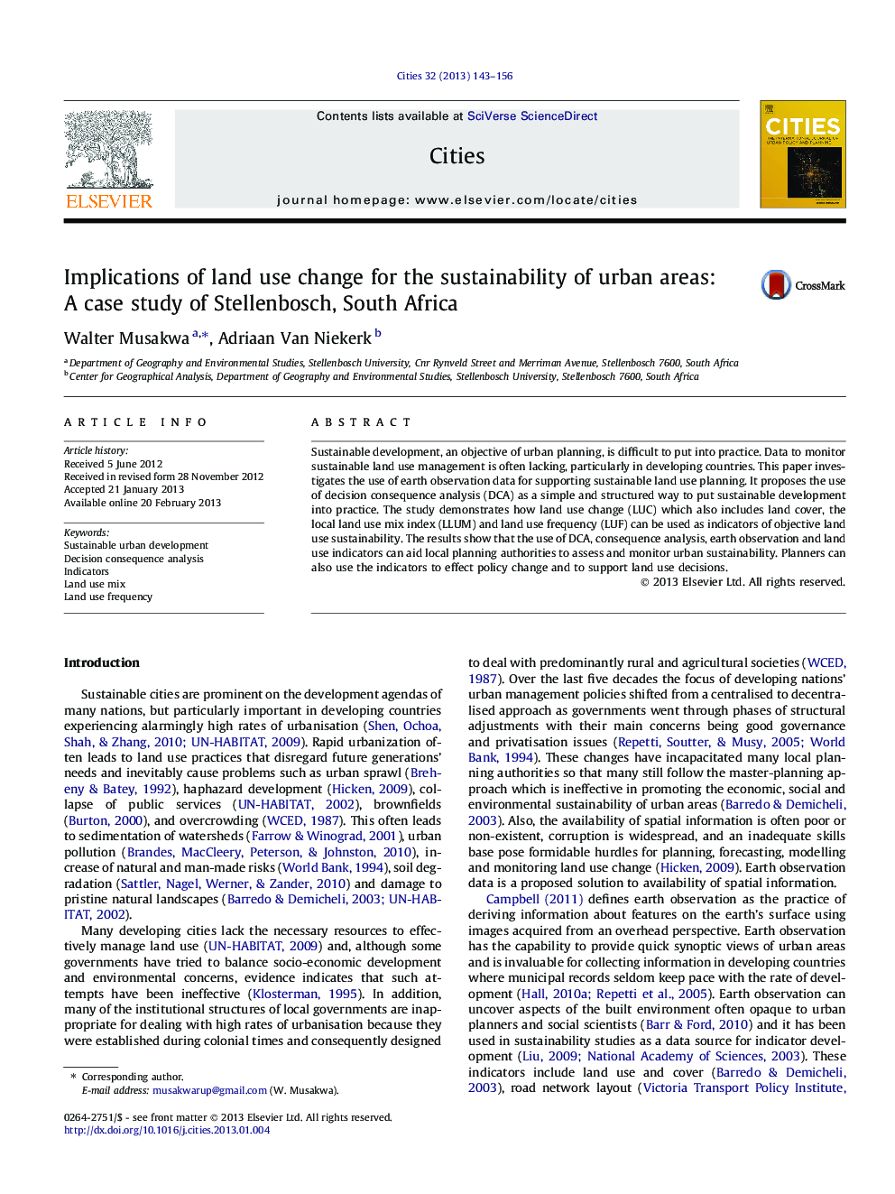 Implications of land use change for the sustainability of urban areas: A case study of Stellenbosch, South Africa