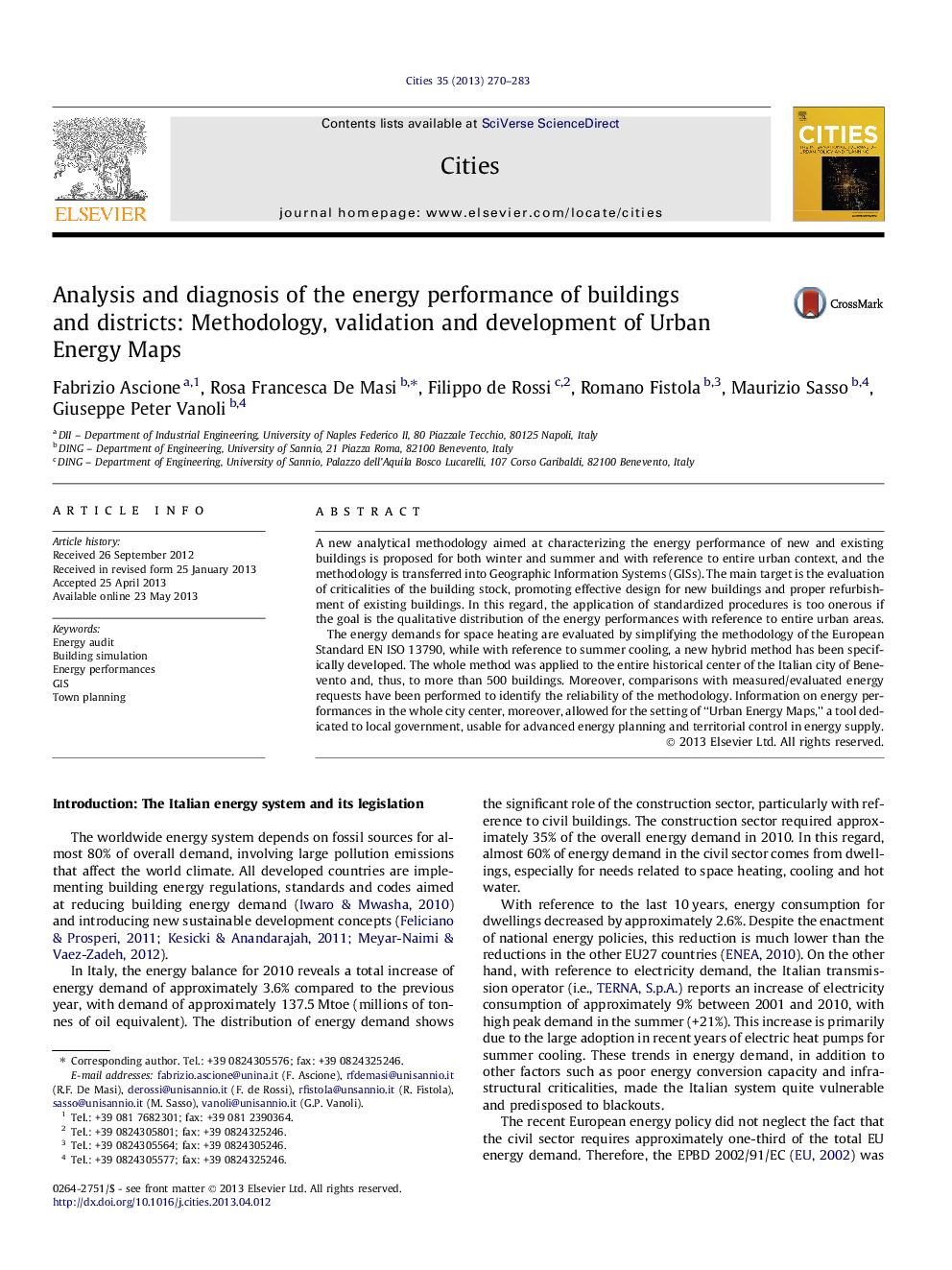 Analysis and diagnosis of the energy performance of buildings and districts: Methodology, validation and development of Urban Energy Maps