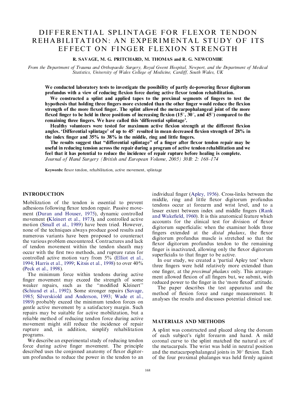 Differential splintage for flexor tendon rehabilitation: an experimental study of its effect on finger flexion strength