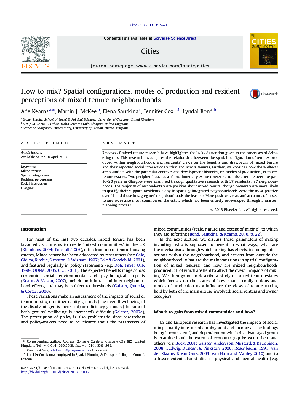 How to mix? Spatial configurations, modes of production and resident perceptions of mixed tenure neighbourhoods