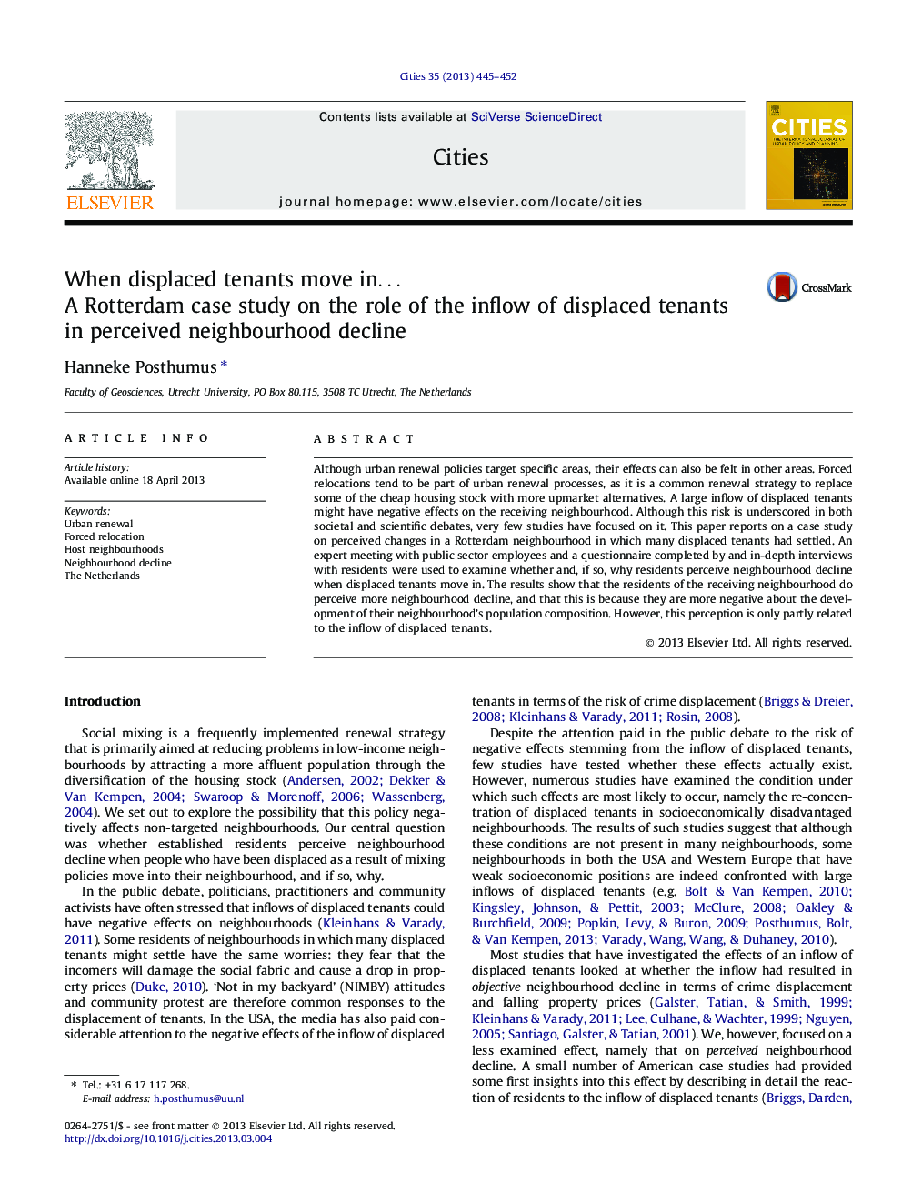 When displaced tenants move in…: A Rotterdam case study on the role of the inflow of displaced tenants in perceived neighbourhood decline