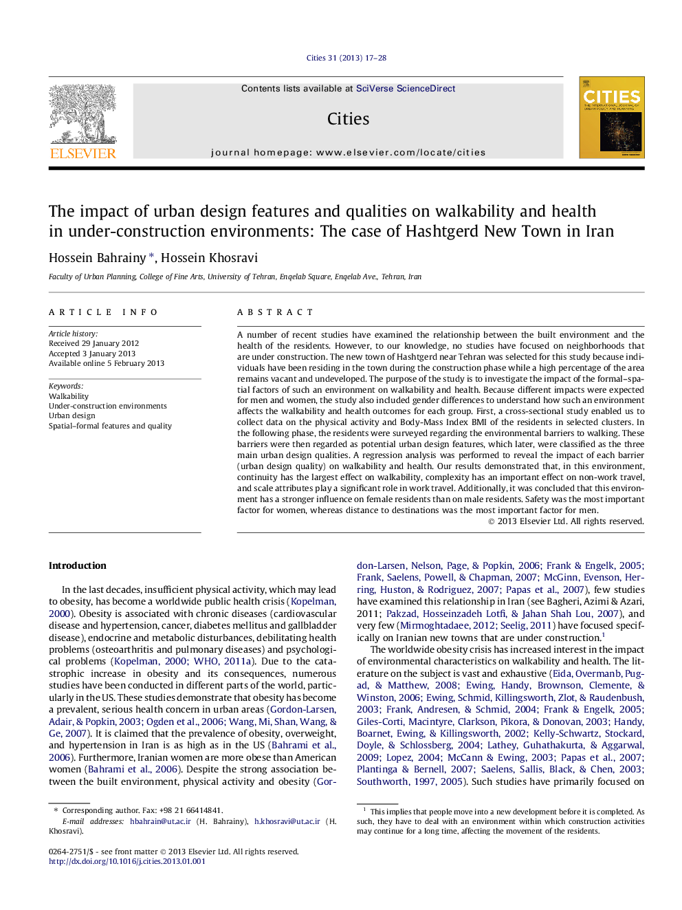 The impact of urban design features and qualities on walkability and health in under-construction environments: The case of Hashtgerd New Town in Iran