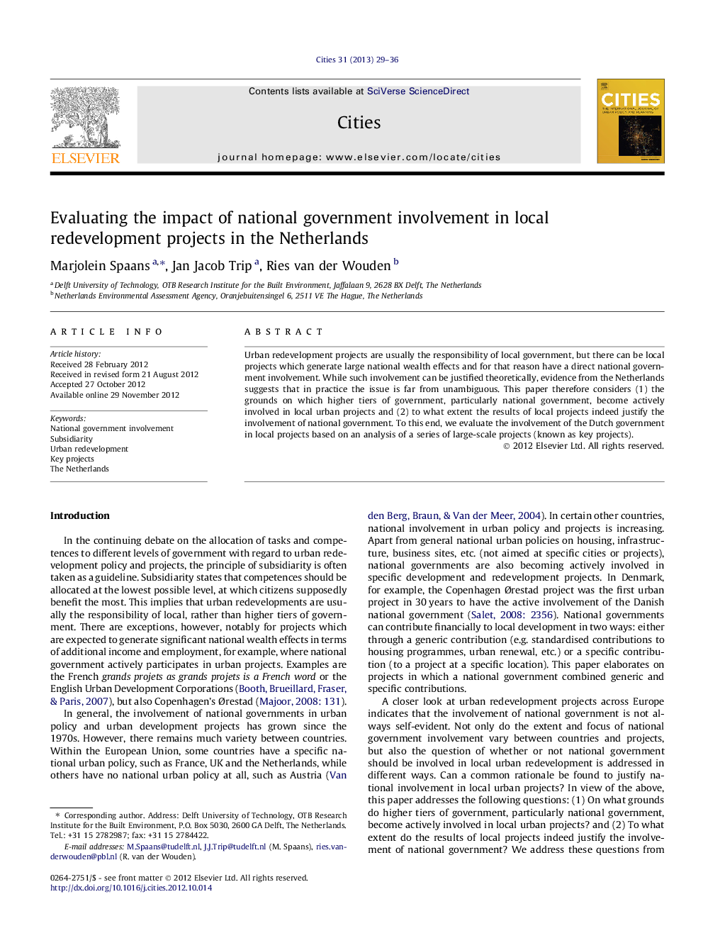 عکس صفحه اول مقاله: Evaluating the impact of national government involvement in local redevelopment projects in the Netherlands Evaluating the impact of national government involvement in local redevelopment projects in the Netherlands