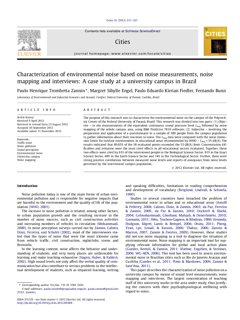 Characterization of environmental noise based on noise measurements, noise mapping and interviews: A case study at a university campus in Brazil