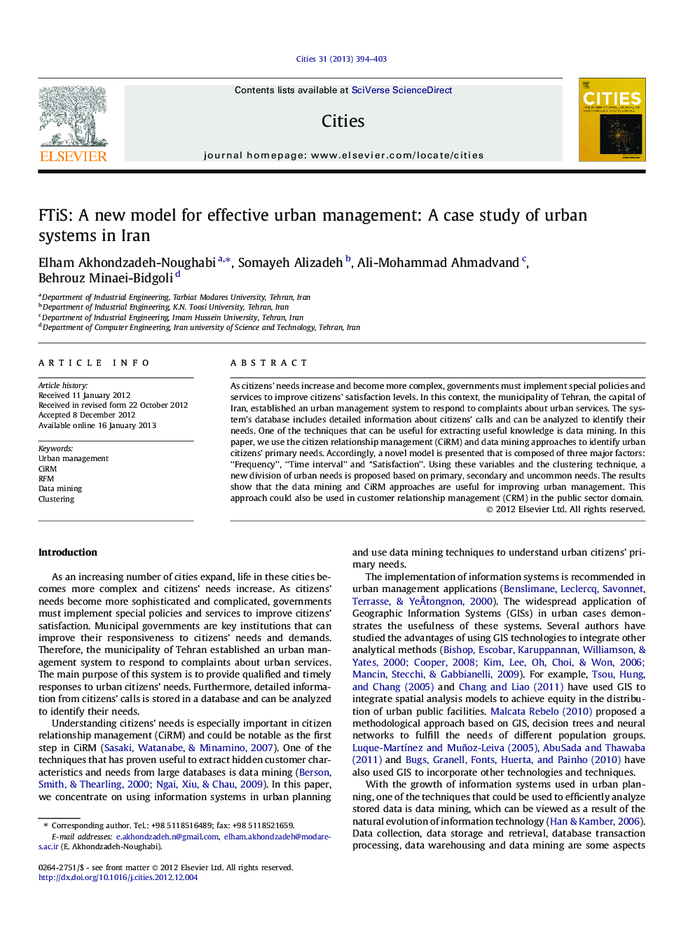 FTiS: A new model for effective urban management: A case study of urban systems in Iran