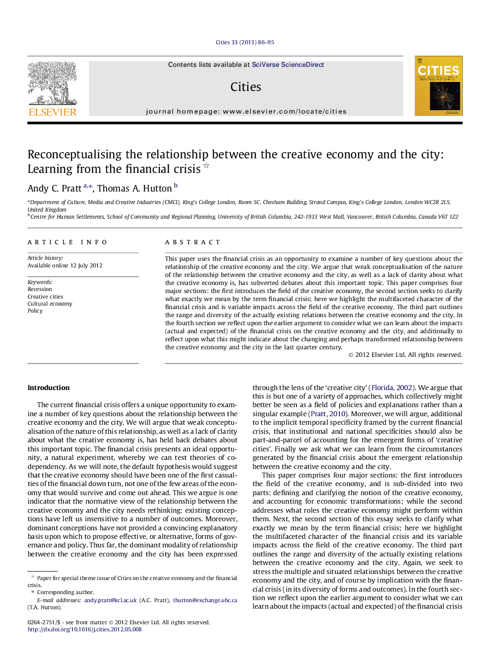 Reconceptualising the relationship between the creative economy and the city: Learning from the financial crisis 