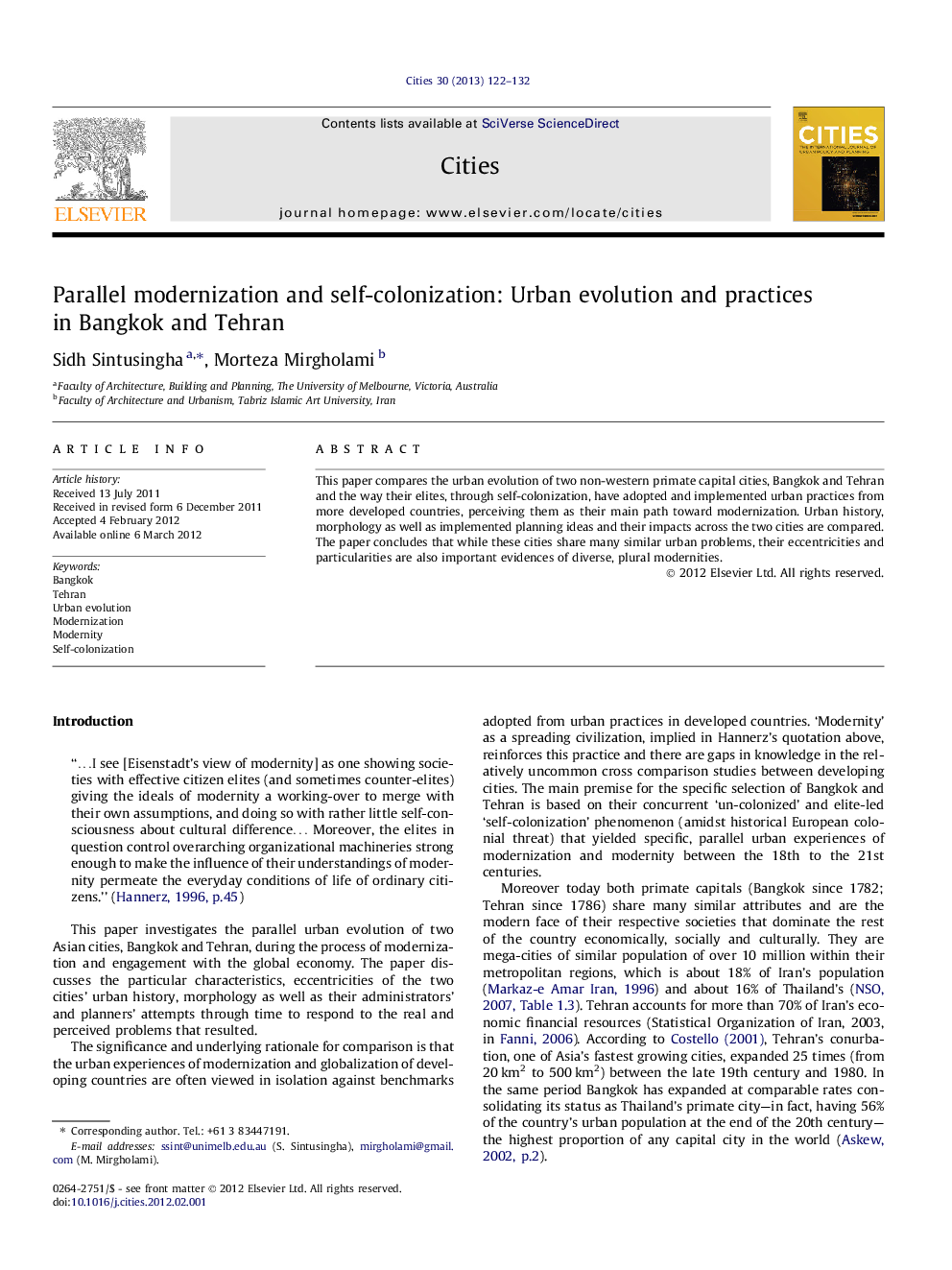 Parallel modernization and self-colonization: Urban evolution and practices in Bangkok and Tehran