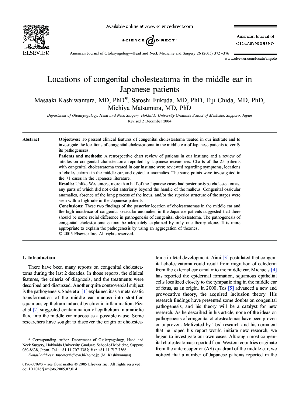 Locations of congenital cholesteatoma in the middle ear in Japanese patients