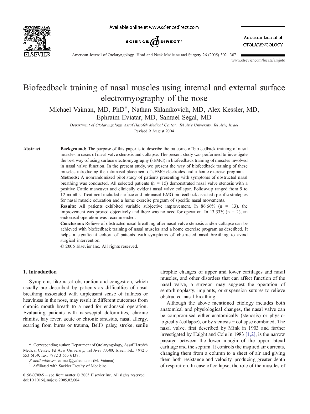 Biofeedback training of nasal muscles using internal and external surface electromyography of the nose