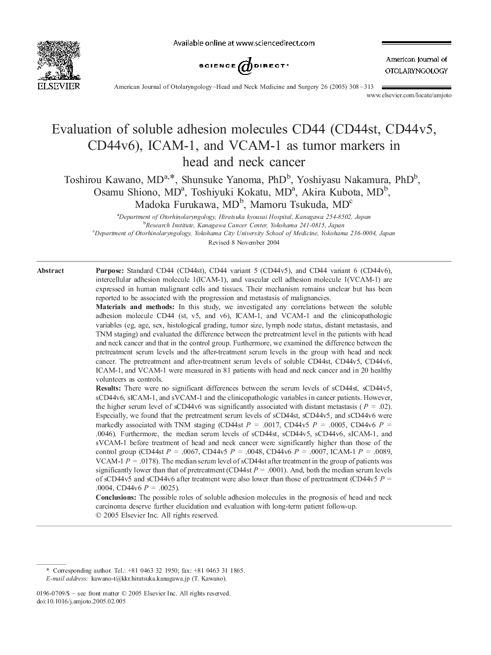 Evaluation of soluble adhesion molecules CD44 (CD44st, CD44v5, CD44v6), ICAM-1, and VCAM-1 as tumor markers in head and neck cancer