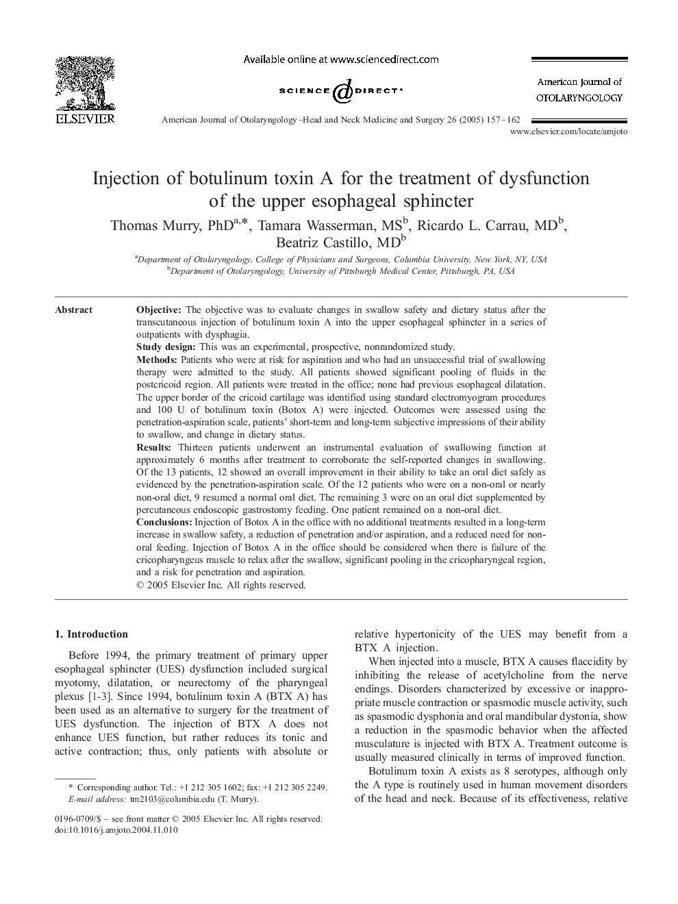 Injection of botulinum toxin A for the treatment of dysfunction of the upper esophageal sphincter