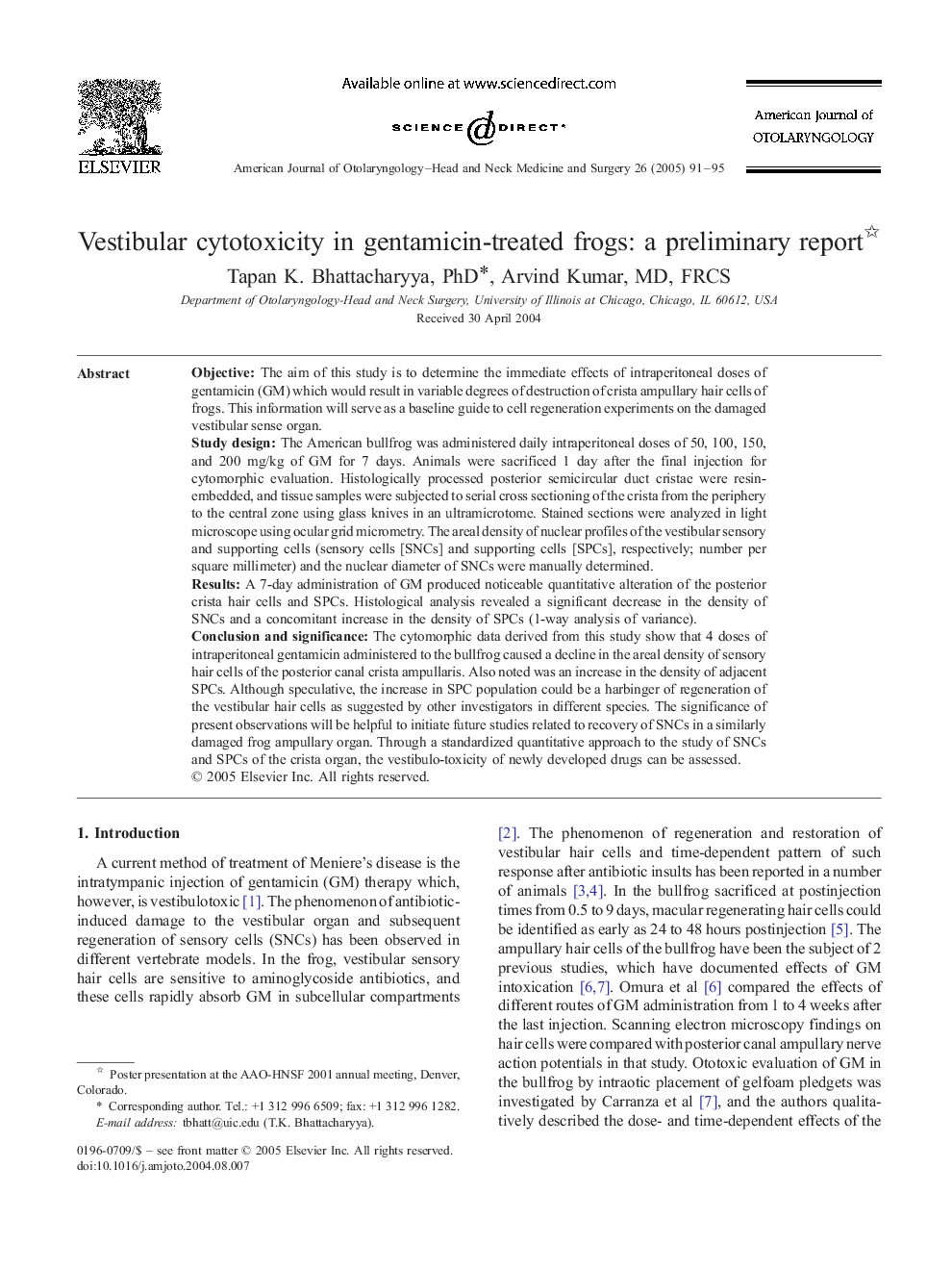 Vestibular cytotoxicity in gentamicin-treated frogs: a preliminary report