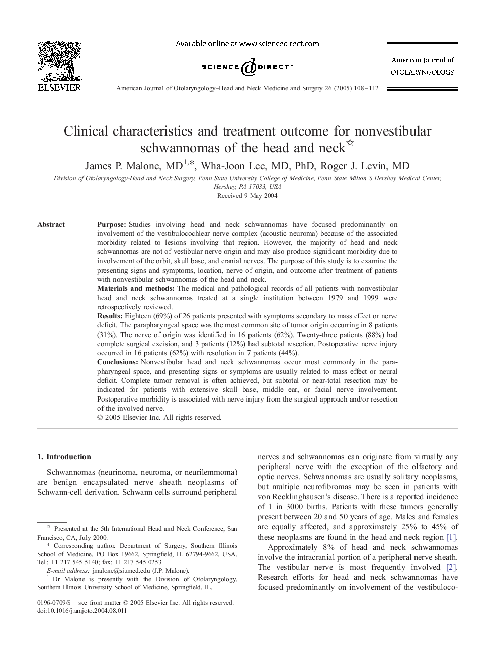 Clinical characteristics and treatment outcome for nonvestibular schwannomas of the head and neck