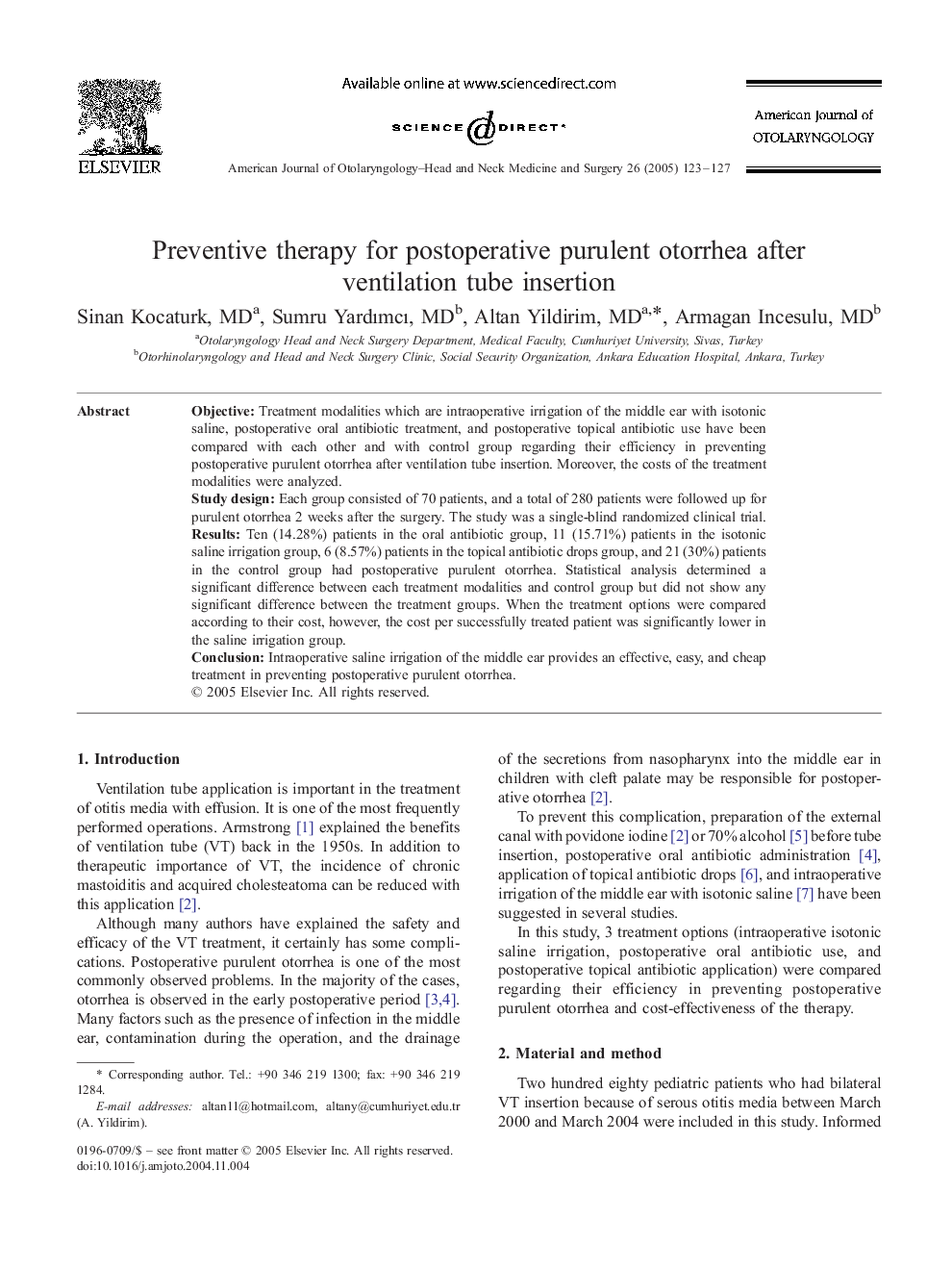 Preventive therapy for postoperative purulent otorrhea after ventilation tube insertion