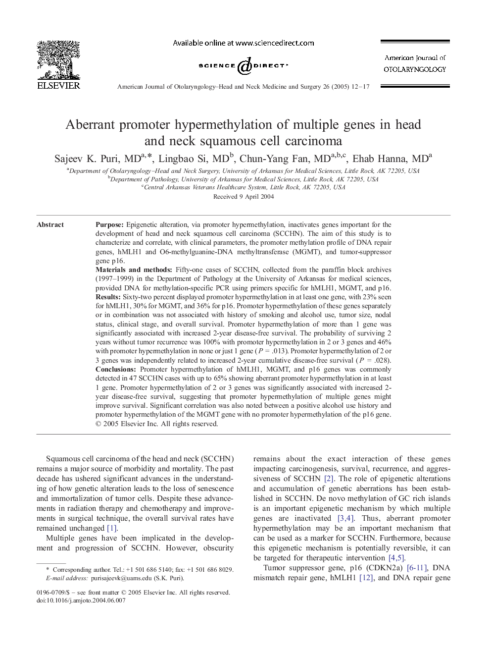 Aberrant promoter hypermethylation of multiple genes in head and neck squamous cell carcinoma