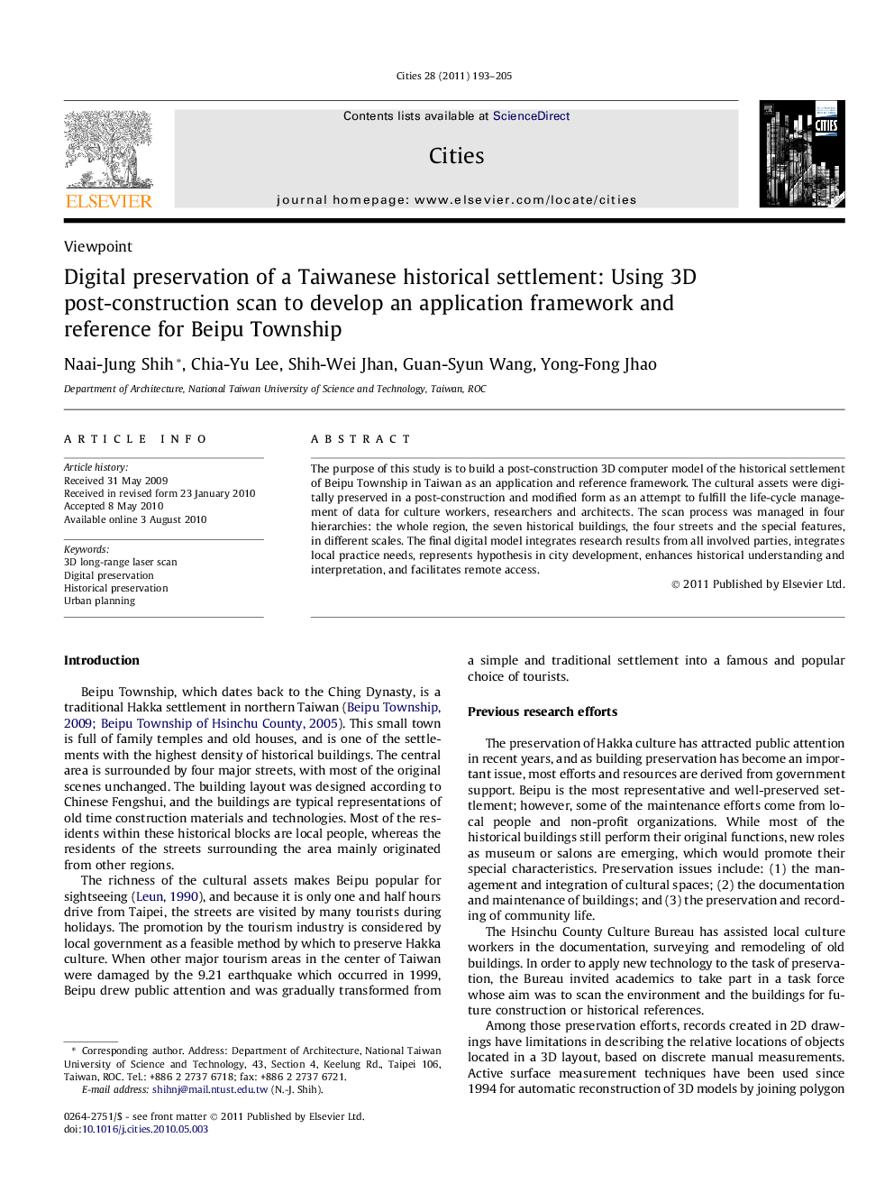 Digital preservation of a Taiwanese historical settlement: Using 3D post-construction scan to develop an application framework and reference for Beipu Township