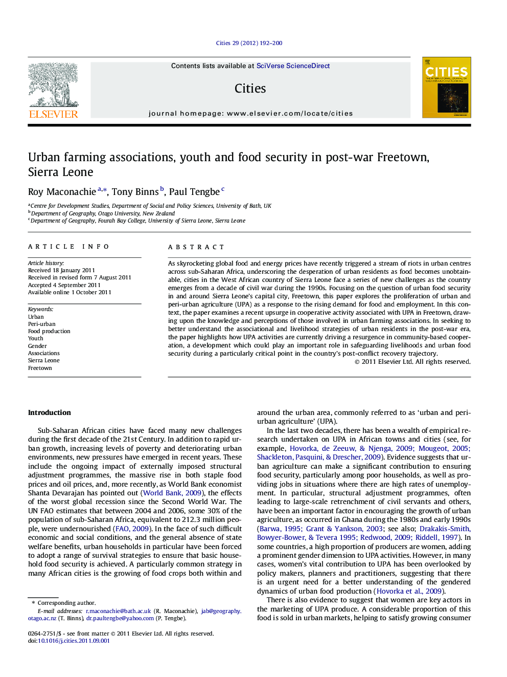 Urban farming associations, youth and food security in post-war Freetown, Sierra Leone