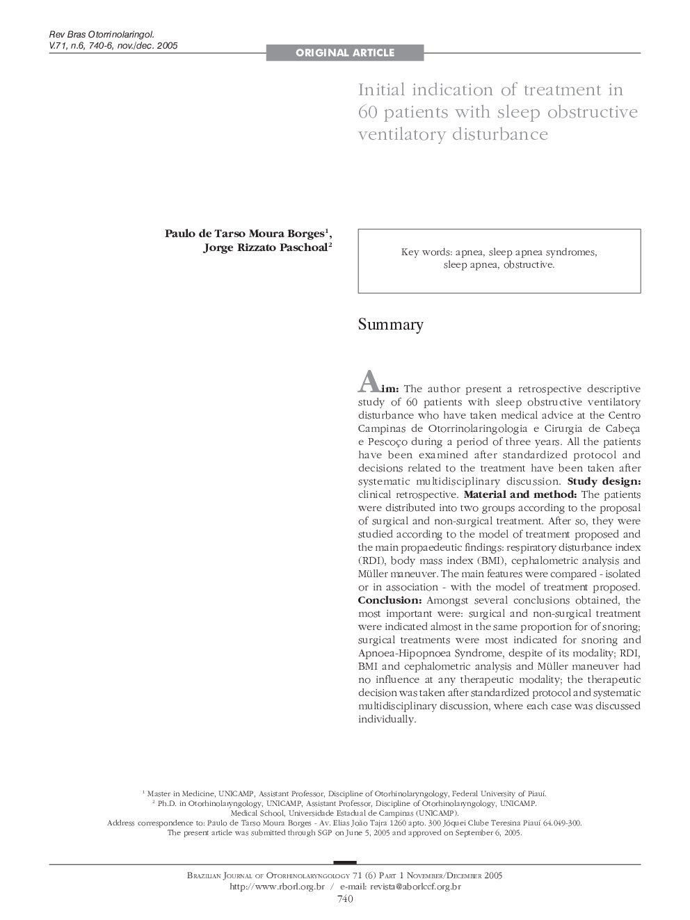 Initial indication of treatment in 60 patients with sleep obstructive ventilatory disturbance