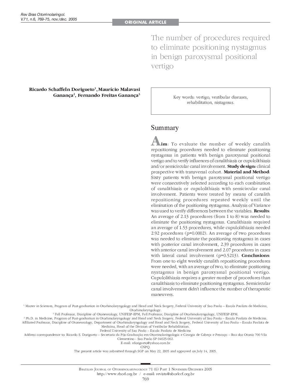 The number of procedures required to eliminate positioning nystagmus in benign paroxysmal positional vertigo