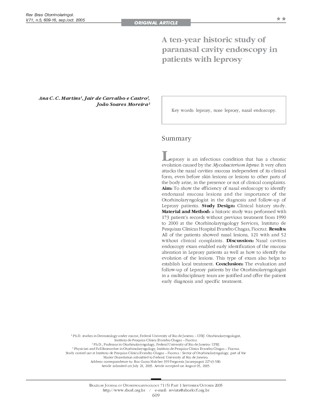 A ten-year historic study of paranasal cavity endoscopy in patients with leprosy