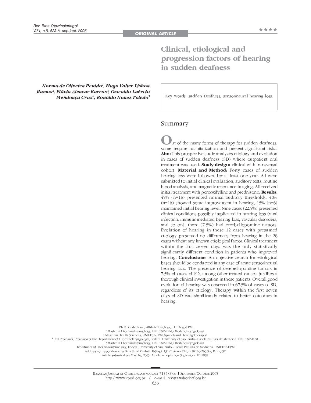 Clinical, etiological and progression factors of hearing in sudden deafness