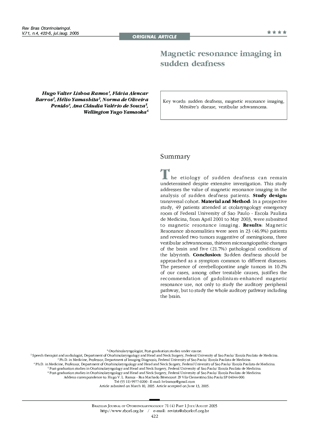 Magnetic resonance imaging in sudden deafness